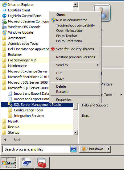 How to start SQL Server Management Studio in SBS 2011 as Administrator