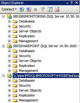 SBS 2011 - SQL Server Management Studio connected to SBSMONITORING, SHAREPOINT and Windows Internal Databases