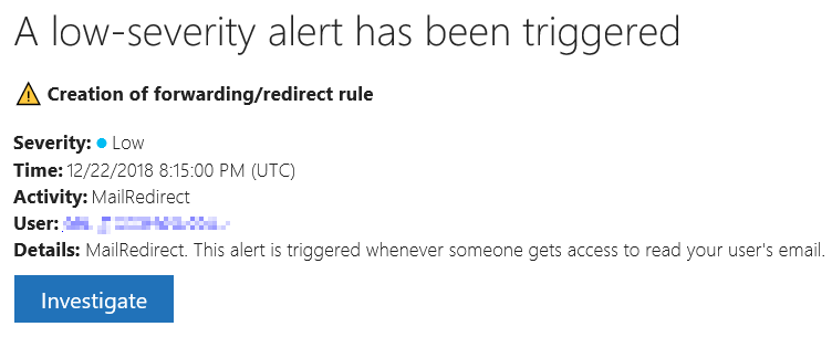 Image showing Low Level Security Warning from Office 365 when a new Mail Redirection has been created.