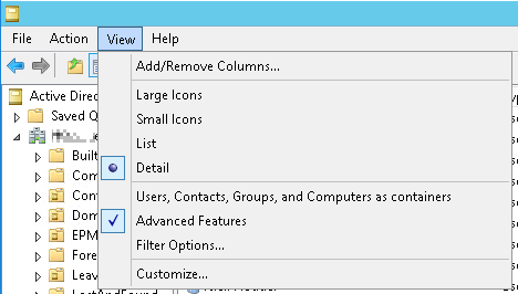 Image showing how to enable the "Advanced Features" in Active Directory Users and Computers