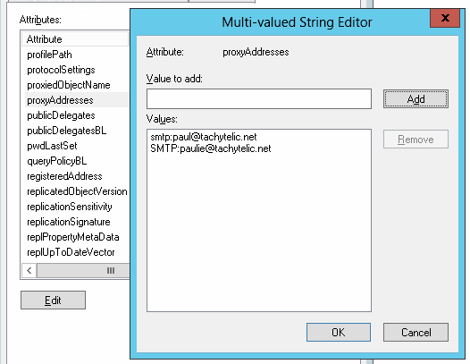 Image showing how to edit the proxyaddresses attribute for an Office 365 user synced to local active directory.