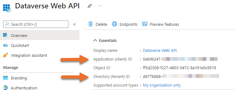 Image of Azure App Registration. To retrieve the Application ID and Tenant ID.