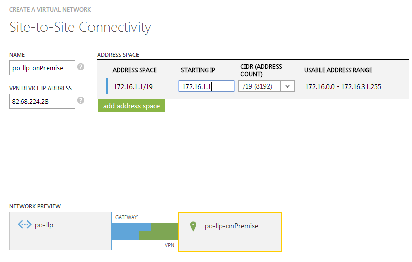 Defining the local network properties for linking to an Azure virtual network