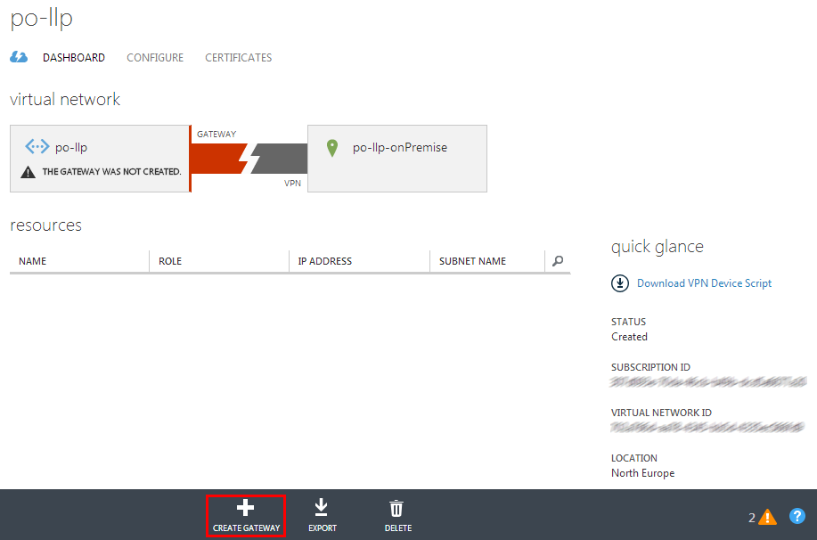 Azure Virtual Network Dashboard without a gateway created