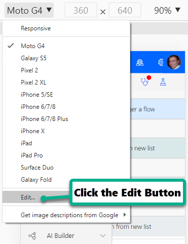 Image of Google Chrome Device Editor Drop Down