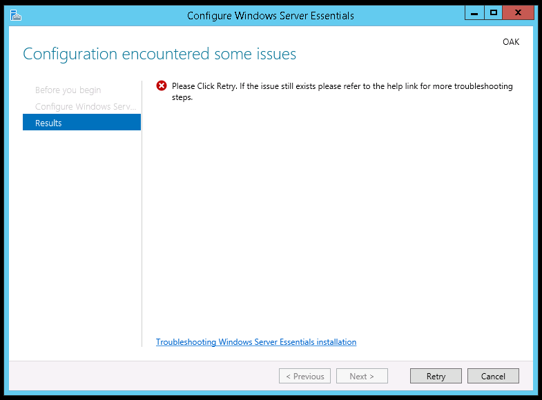 Configuration Encountered some issues on Windows Server 2012 r2 Essentials Edition