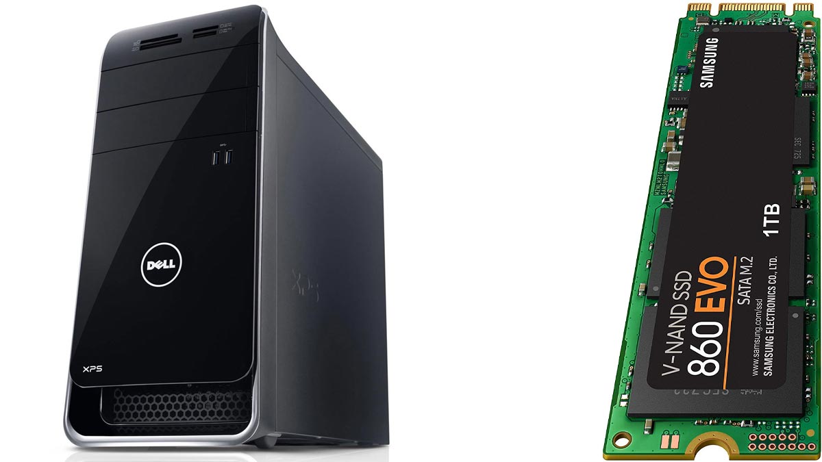 Image of DELL XPS 8900 next to a Samsung EVO SSD