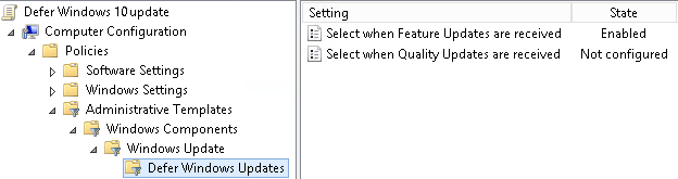 Image showing group policy settings to defer Windows Quality and Feature updates