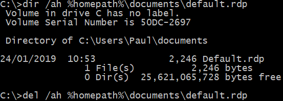 Image showing correct command line to delete default.rdp from users home directory