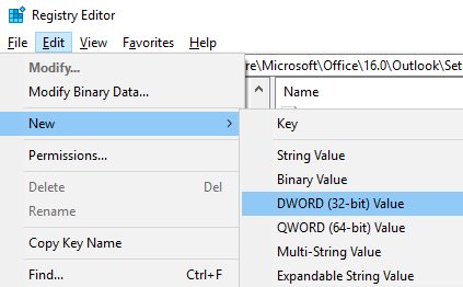 Image showing creation of new registry entry to disable simplified account creation in Outlook 2016 or 2019