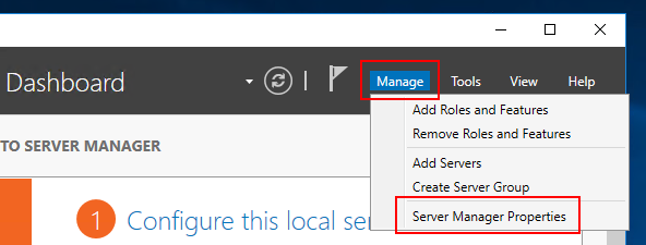 Image showing how to access Server Manager Properties to disable startup of Server Manager when logging into Windows Server 2016