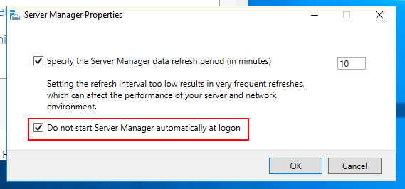 Image showing how to disable server manager at logon on Windows Server 2016 using Server Manager Properties.