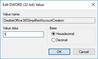 Image showing the DisableOffice365SimplifiedAccountCreation registry entry being set to 1, which will disabled the simplified account creation wizard.