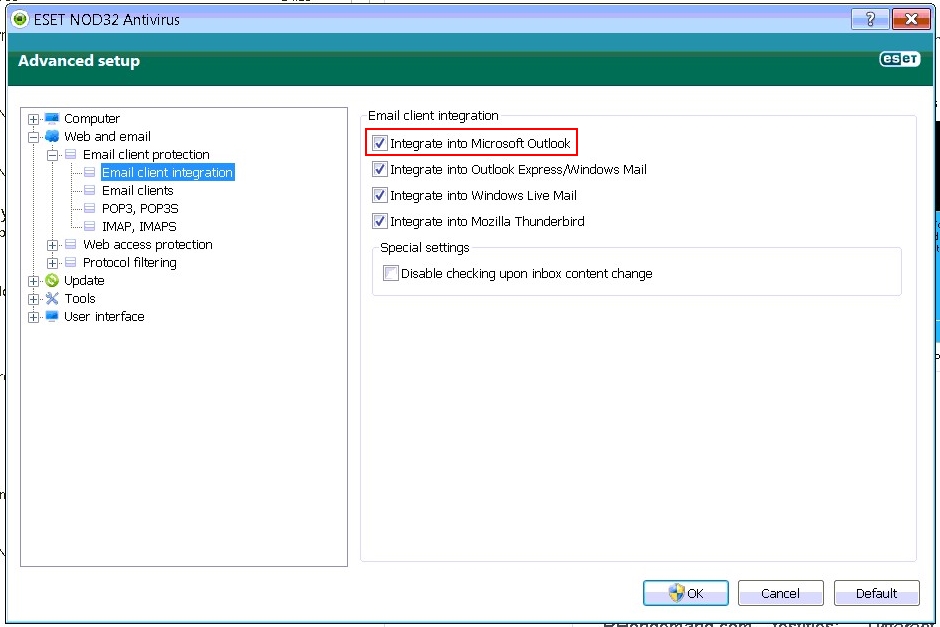 Eset NOD32 options to stop Outlook 2013 crashing when sending an email