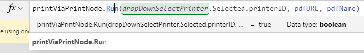 Image showing expression used to execute a flow from PowerApps to print a PDF to an on-premise printer.