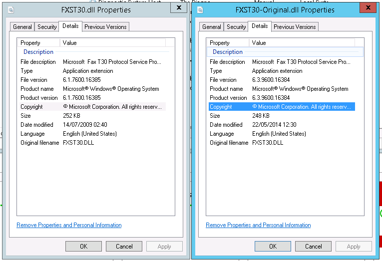 Properties of FXST30.dll from Windows Server 2012 r2 and Windows 7 - used to solve a crash that occurs on Windows Server 2012 r2 when receiving a Fax
