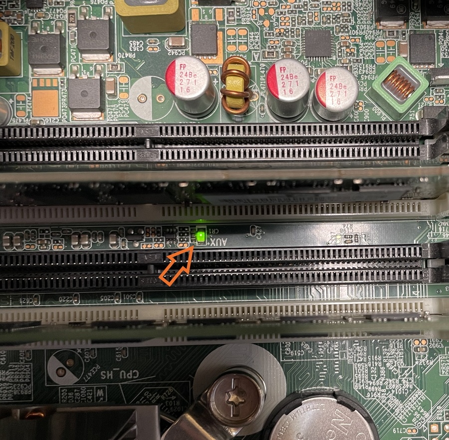 Image showing power light between RAM slots on a HP 8300 Motherboard
