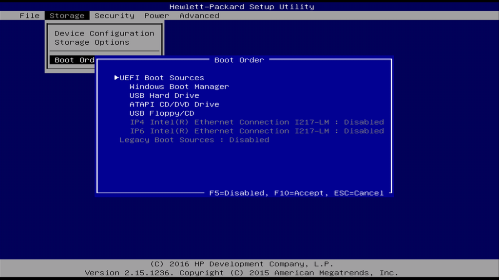 Image of BIOS boot options on a HP EliteDesk 800 G1