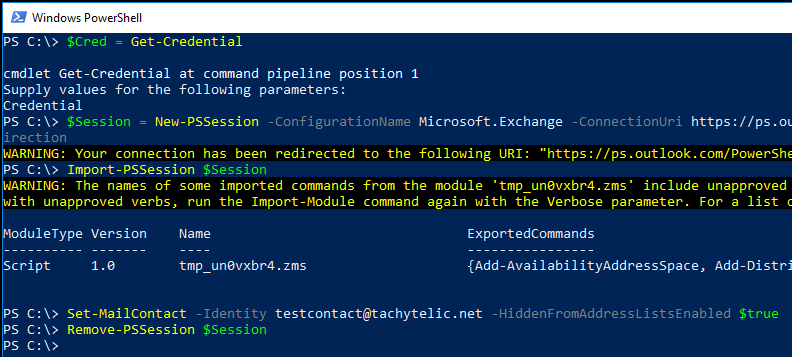 Image of Powershell session hiding an Office 365 Mail Contact