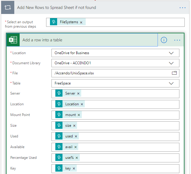 Image of JSON Data being added to a spreadsheet with Microsoft Flow