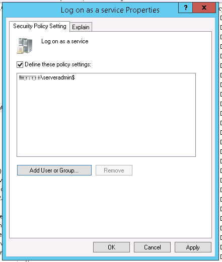 Defining the Logon as a Service group policy