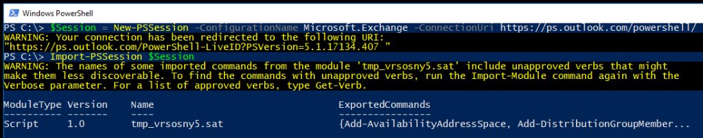 Image showing import of PowerShell session from Office 365