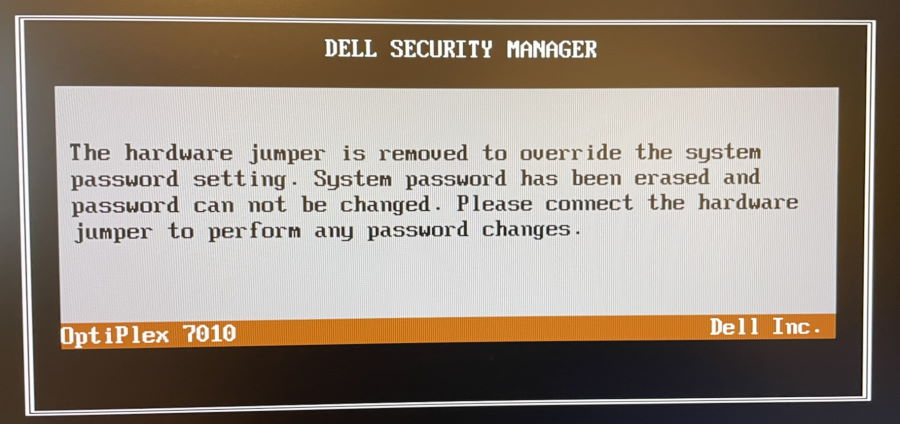 Dell Security Warning that is shown on system boot when the jumper is removed from the password pins.
