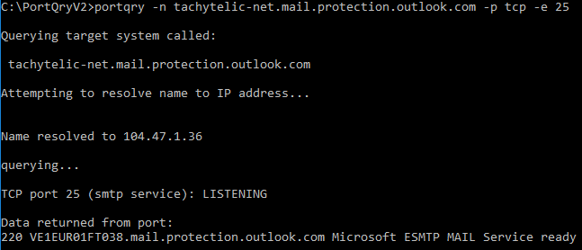 Image showing use of portqry.exe to test an SMTP Server with additional response message received from the server