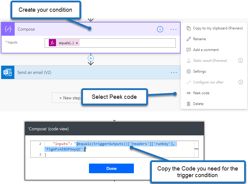 Image showing a compose action being used to generate code for a trigger condition to secure a HTTP request in Power Automate.