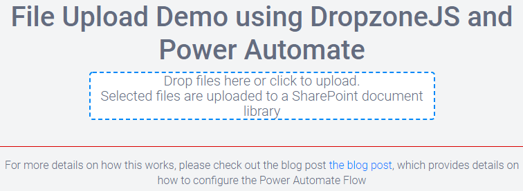 Image preview of a Dropzone.js file upload tool built in Power Automate