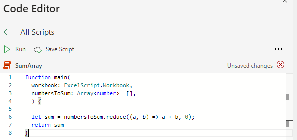 Image of Excel online Office Scripts Editor creating a function to sum values.