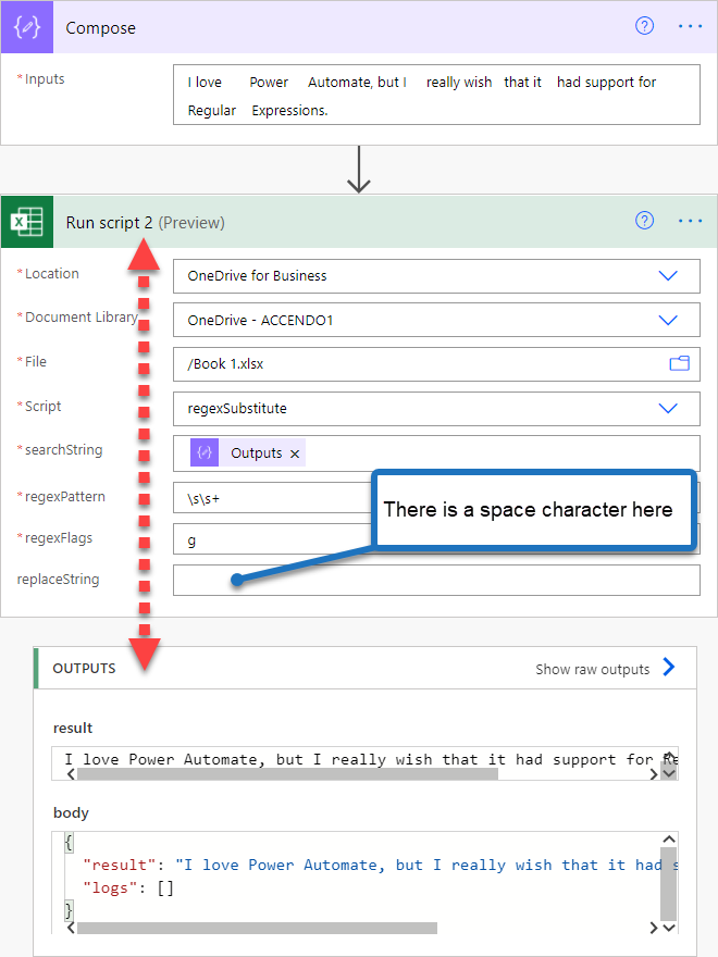 Example Power Automate flow using regex (Regular Expressions) to remove space characters from a string.