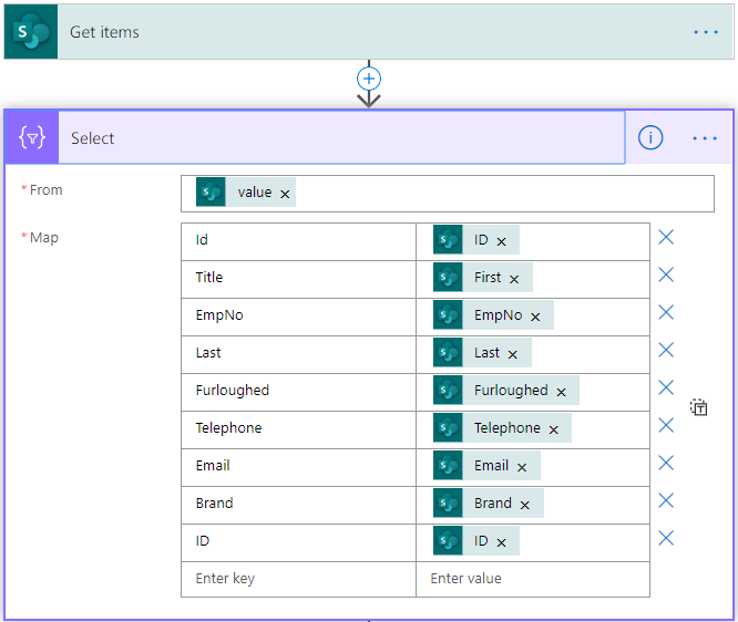 Image of the Power Automate Get Items from SharePoint Action being reshaped by the Select action