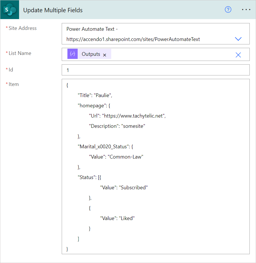 Image showing the Update Item Action in SharePoint being supplied with JSON input to update multiple fields.