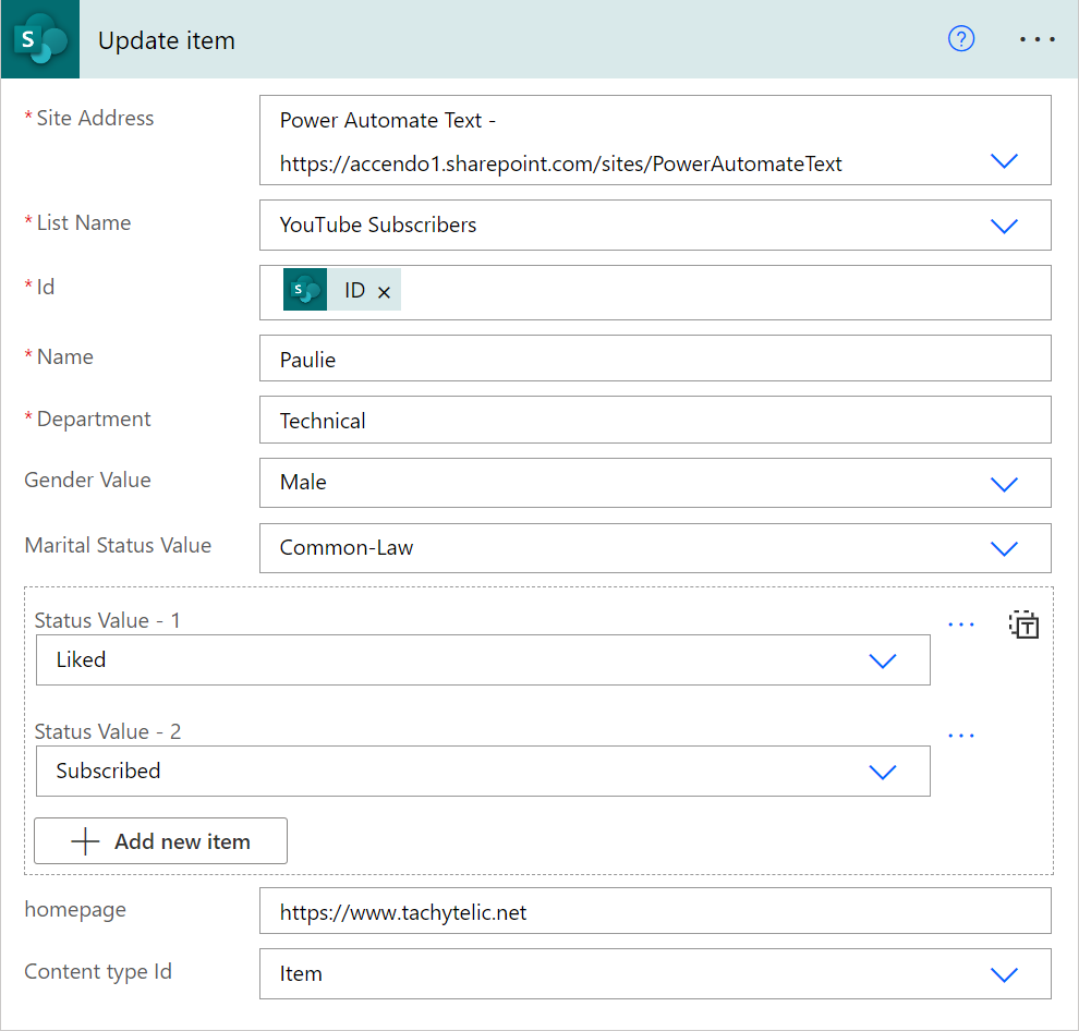 Image of the SharePoint Update Item Action in Power Automate