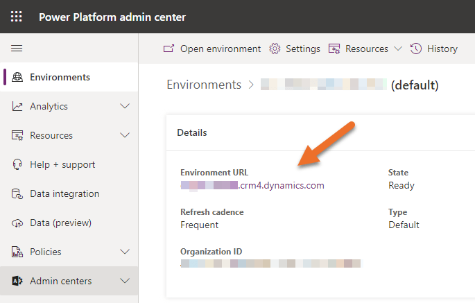 Image of Power Platform Admin center being used to find the environment URL .