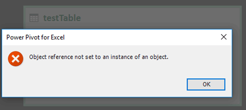 Image showing error produced by Power Pivot for Excel when trying to delete a table from the data model.