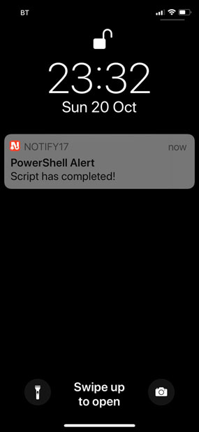 Image of iPhone receiving push notification from a PowerShell Script using Invoke-Webrequest