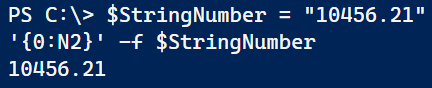 Image showing Powershell trying to add thousand separators to a number stored as a string.