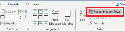 Image of "Repeat Header Rows" button in Microsoft Word.