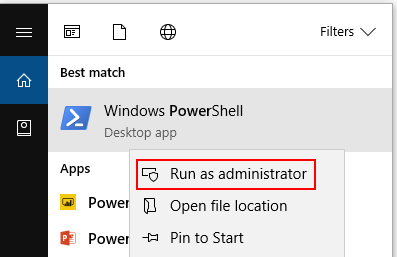 Image showing how to run PowerShell as an administrator to change execution policy