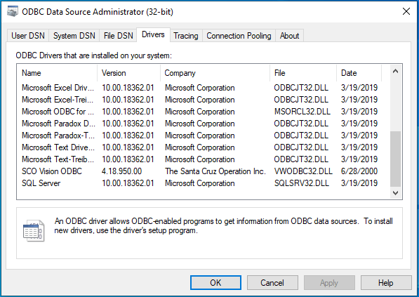 Image showing the ODBC Administrator tool with the SCO Vision ODBC Driver installed.