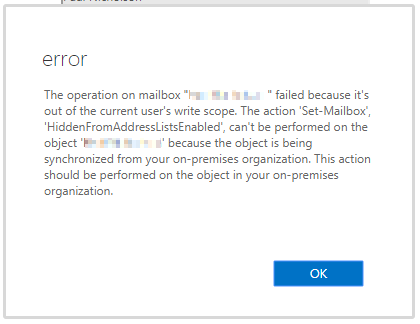Unable to hide mailbox from Office 365 when synced to on-premise active directory