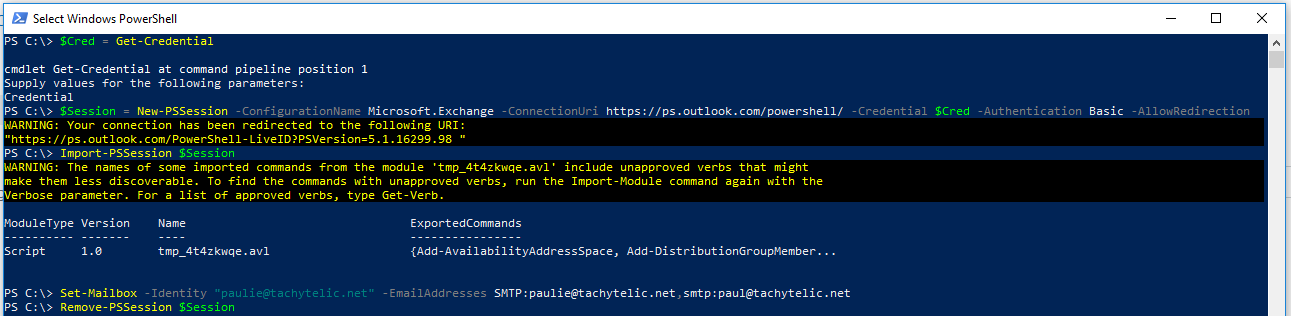 Screenshot showing how to set the Primary SMTP address on Office 365 with Powershell