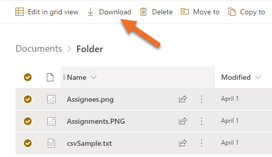 Image of SharePoint Online interface that allows you to create a Zip file by selecting multiple files.