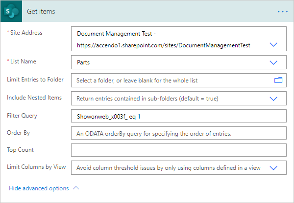 Image of a Get Items from SharePoint Power Automate action filtering on a Yes/No field.