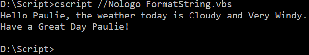 Image showing output of a string formatting function in VBScript