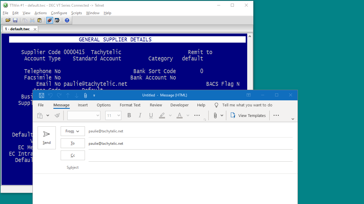 Image of PowerSoft TTWin4 Emulator creating an Outlook Email