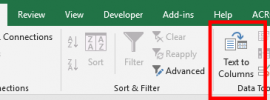 Image showing the data Ribbon on Excel with the Text to Columns function highlited