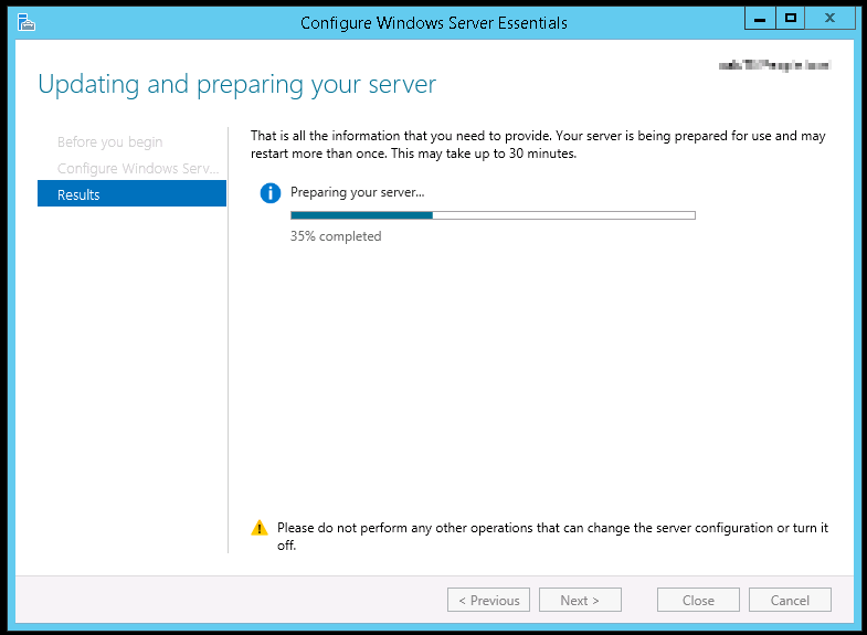 Windows Server 2012 r2 Essentials Edition moving correctly through the configuration wizard after correct group policy settings were applied.